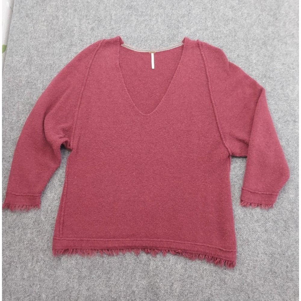 Free People Sweater Womens Small Burgundy Oversized V Neck Fringe Hem Wool Linen